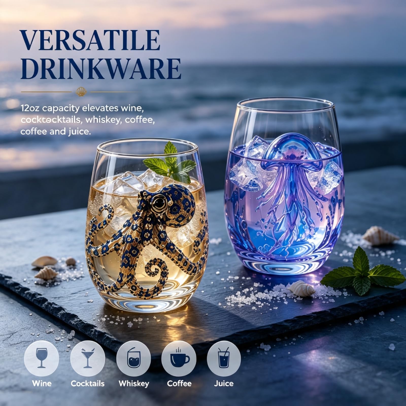 Blaugeringelter Oktopus Glas Set, 3D Ozean Kunst Trinkgläser 8 Stück | Handgefertigte Oktopus Trinkgläser. 3D Ozean Design. Set mit 8 einzigartigen Stücken. Ideal für Ozeanliebhaber als Geschenk.