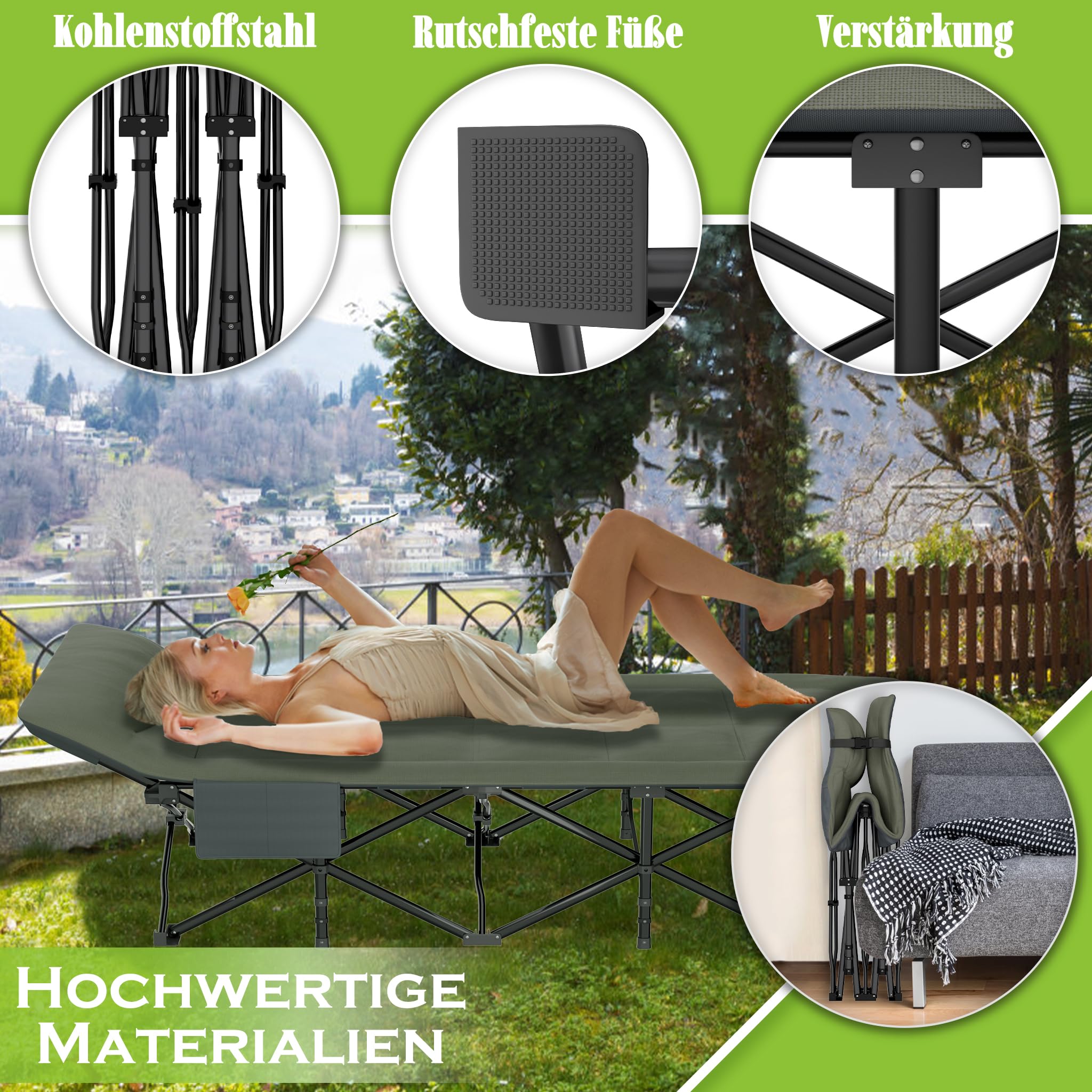 FIVMEN Feldbett Klappbar 185x75 cm Klappbett Campingbett mit Matratze, Kissen und Seitentasche Gästebett Karpfenliege Campingliege bis 250kg Belastbar für Outdoor Camping Garten