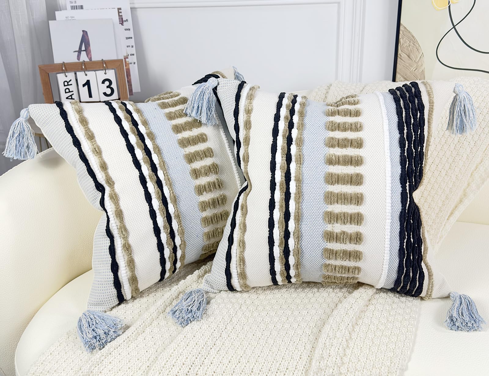 NUYECY Boho Throw Pillow Covers 16x16 Aesthetic Neutral Boucle Couch Pillow Cover Rainbow Striped Decorative Accent Pillow Case for Couch Bed Sofa