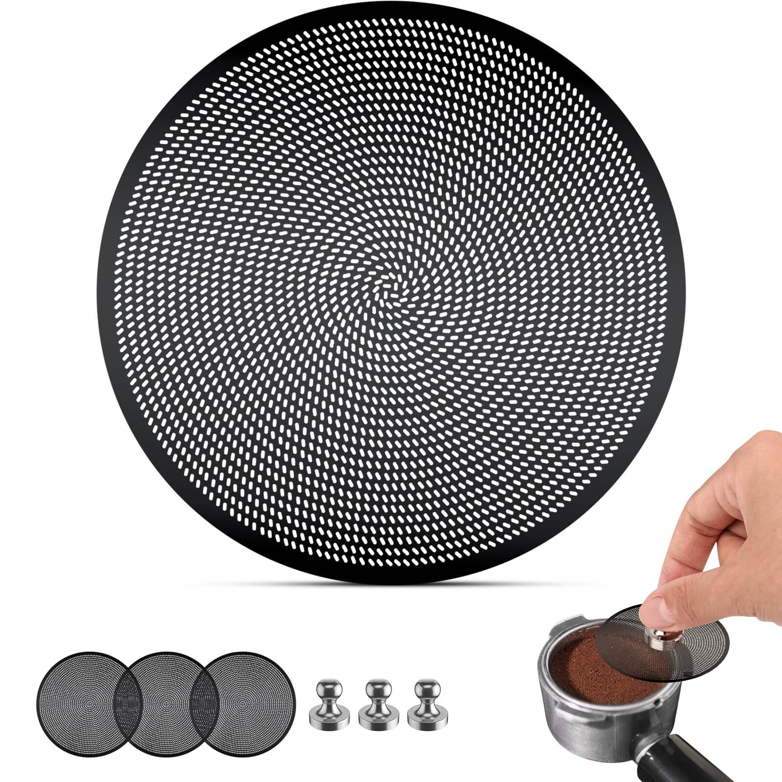Écran de puck espresso en acier inoxydable noir compatible machine expresso 58.5mm