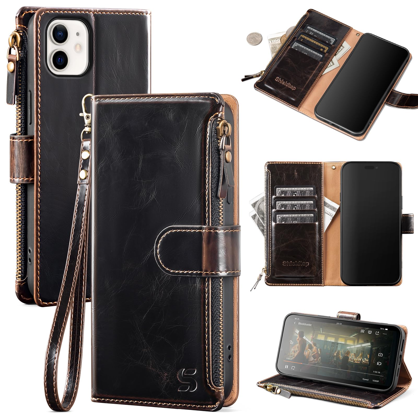 Shieldtop for iPhone 11 Pro Wallet Case with Card Holder,Coffee | RFID Blocking,PU Leather Cover,with Credit Card Holder Slots,Wrist Strap Lanyard &