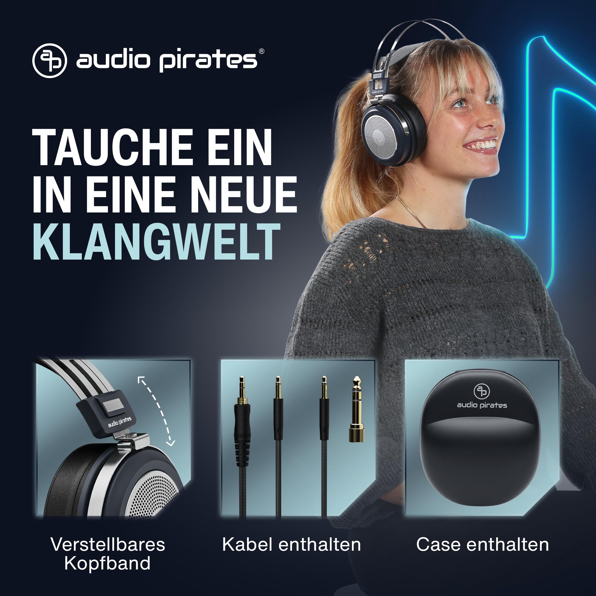 audio pirates ERIC Studio Over-Ear HiFi Kopfhörer – Studiokopfhörer mit Transprt-Case, 3m Kabel, 6,3mm Klinken-Adapter | Premium Collection