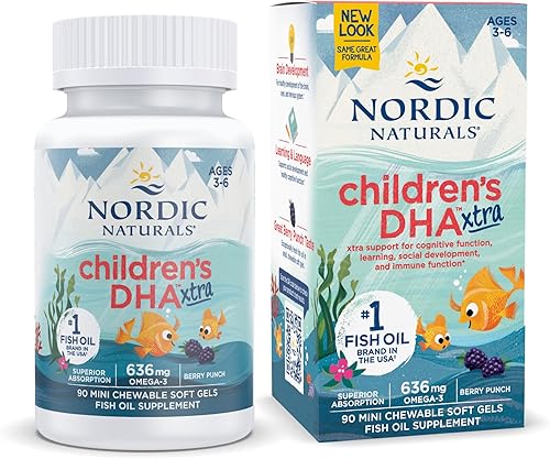 Nordic Naturals DHA Xtra para niños Berry Punch - 90 mini geles suaves masticables para niños 636 mg de Omega-3s EPA y DHA - Función cognitiva e Nordic Naturals DHA Xtra para niños Berry Punch - 90 mini geles suaves masticables para niños 636 mg de Omega-3s EPA y DHA - Función cognitiva e