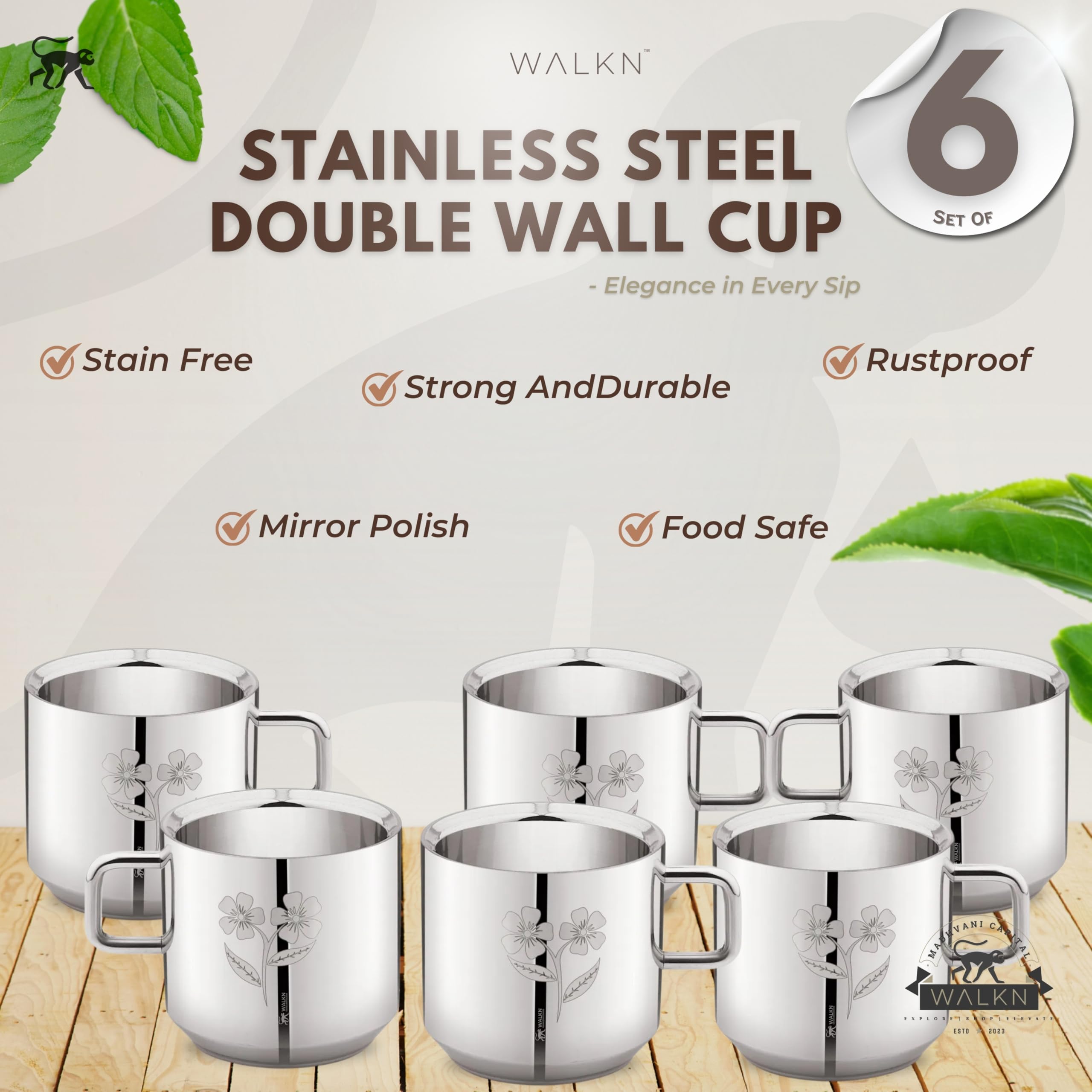 WALKN Floral Tea Cups - Set of 6 Stainless Steel -5
