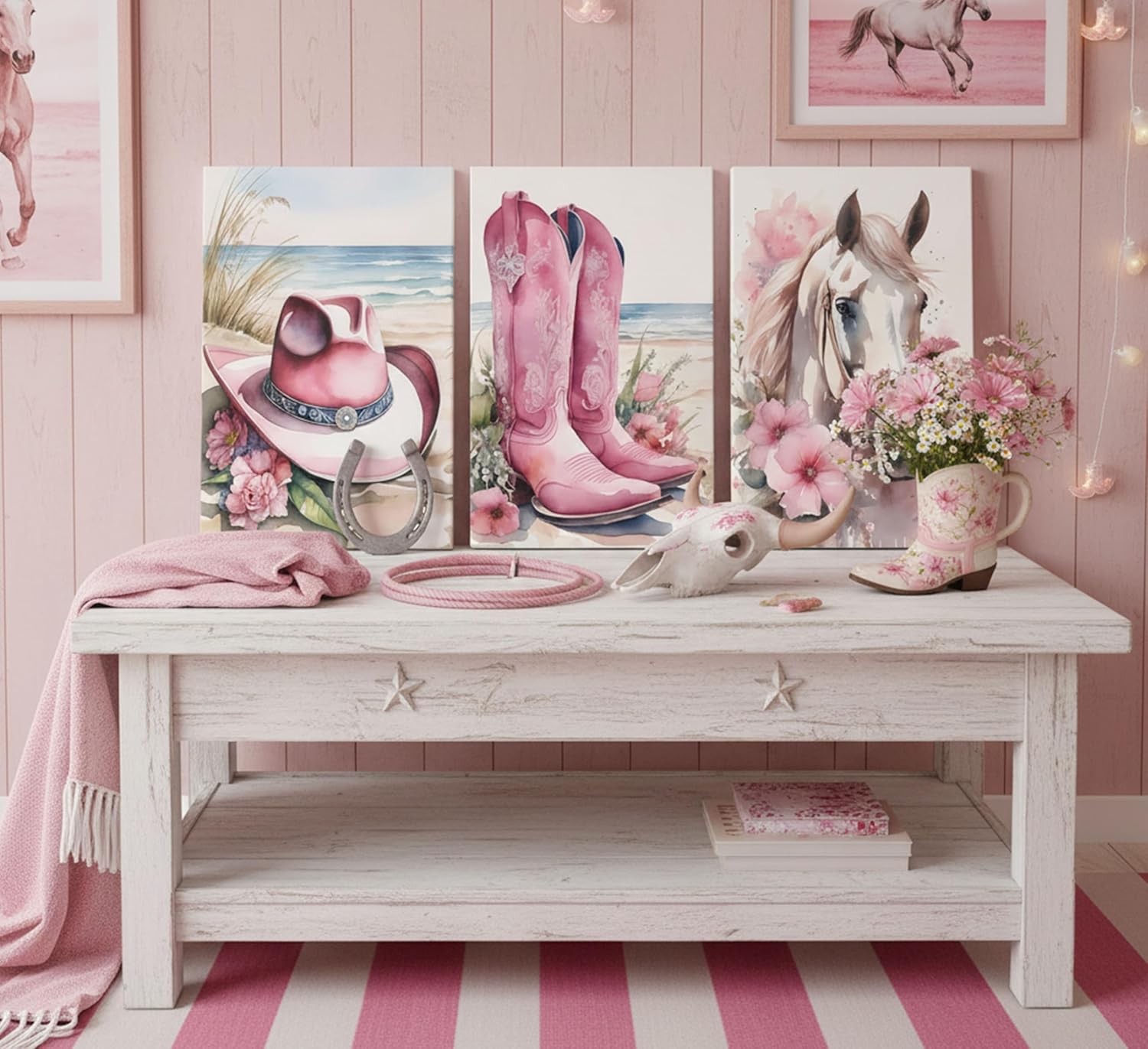3Pcs Coastal Western Cowgirl Canvas Wall art Pink Flower Boots Hat Horse Aesthetic Painting Pictures Wall Decor Southern Girl Trendy Preppy Posters Print Artwork for Girls Room Bedroom Dorm