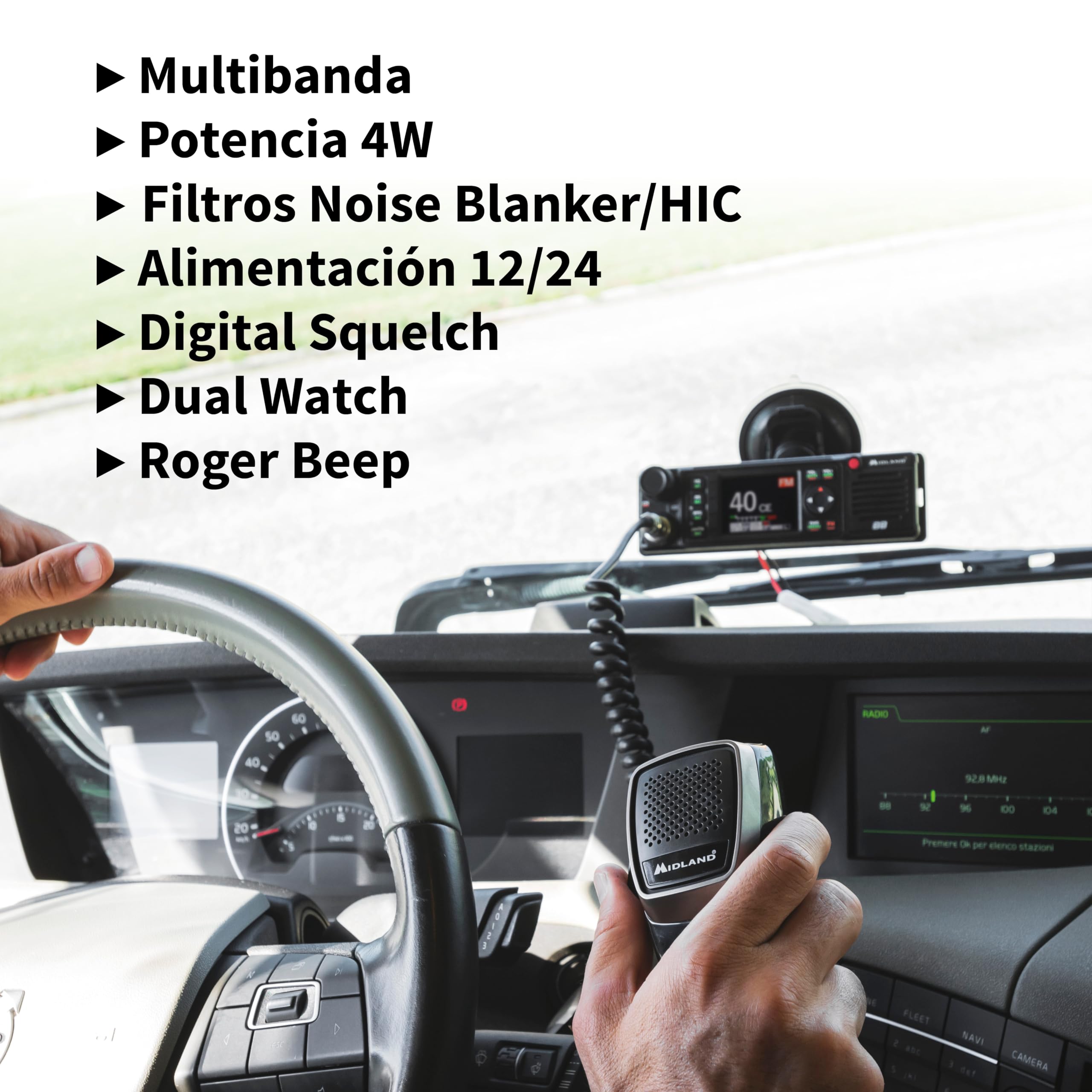 Midland - Radio CB M88 Veicular Sin Licencia, Radioaficionado Profesional para Compartimentos DIN, Auto, Camión, Camper y Otros - Pantalla TFT Multicolor, Noise Blanker/HIC, Alimentación Universal