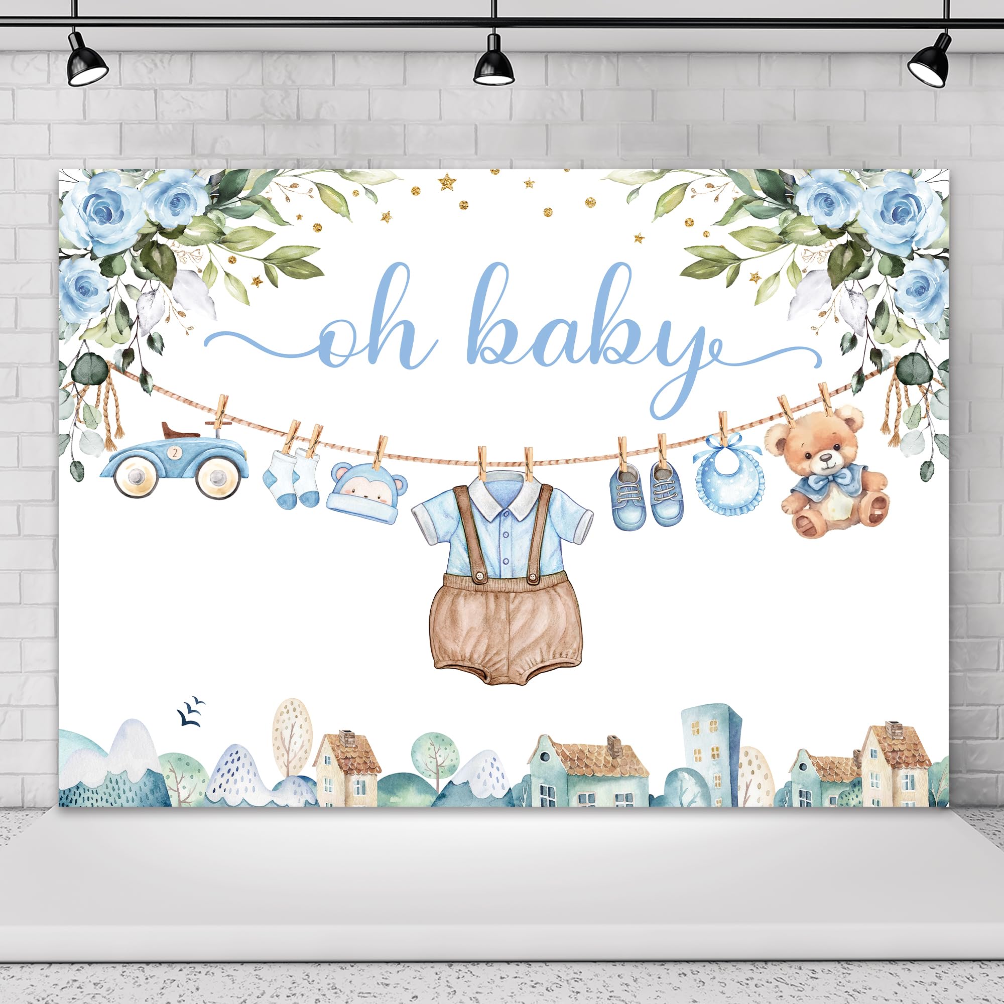 Omifly Boy Baby Shower 7Wx5H Backdrop for Photography Oh Baby Blue Floral Watercolor Eucalyptus Cartoon Cute Background Party Decorations Cake Table