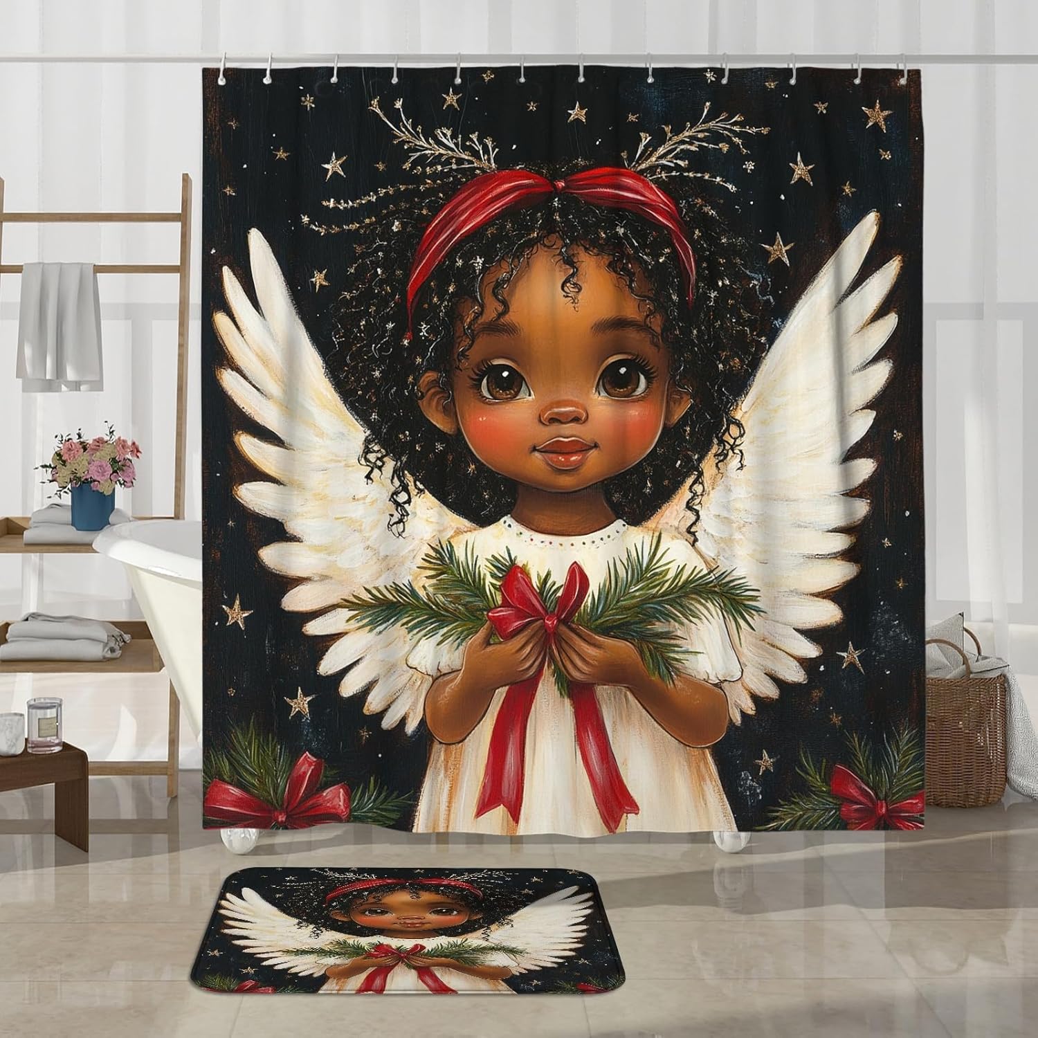 4PCS Christmas Black Angel Bathroom Sets, Bath with Non-Slip Rug, U Shape Toilet Lid Cover Mat, Xmas African American Bathroom Decor-72''x72''