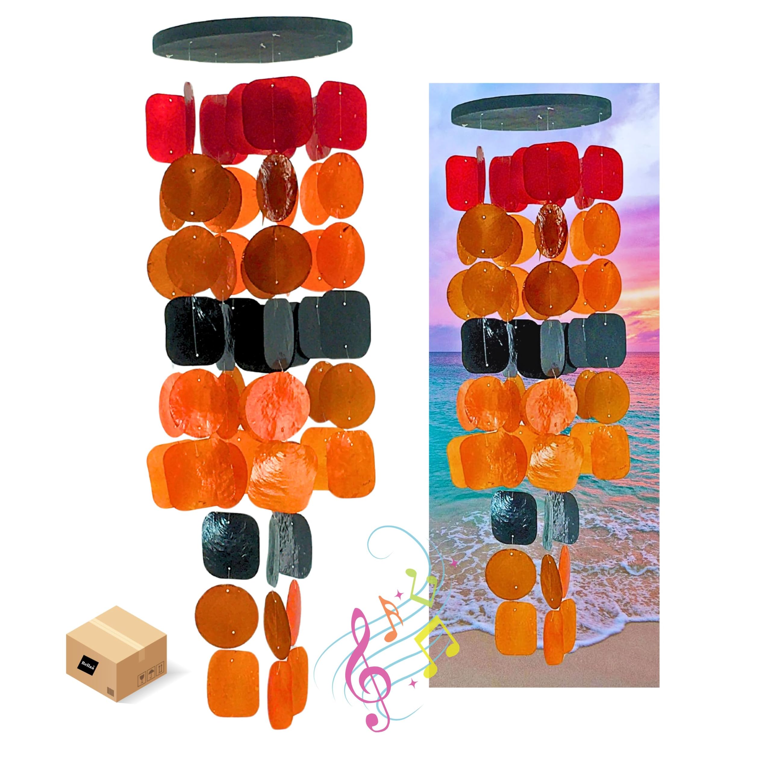 Bellaa 20720 Wind Chimes for Outside Capiz Sea Glass Shells Orange Red Black Outdoor Windchimes Home Garden Patio Yard Lawn Unique Gifts Mom Grandma