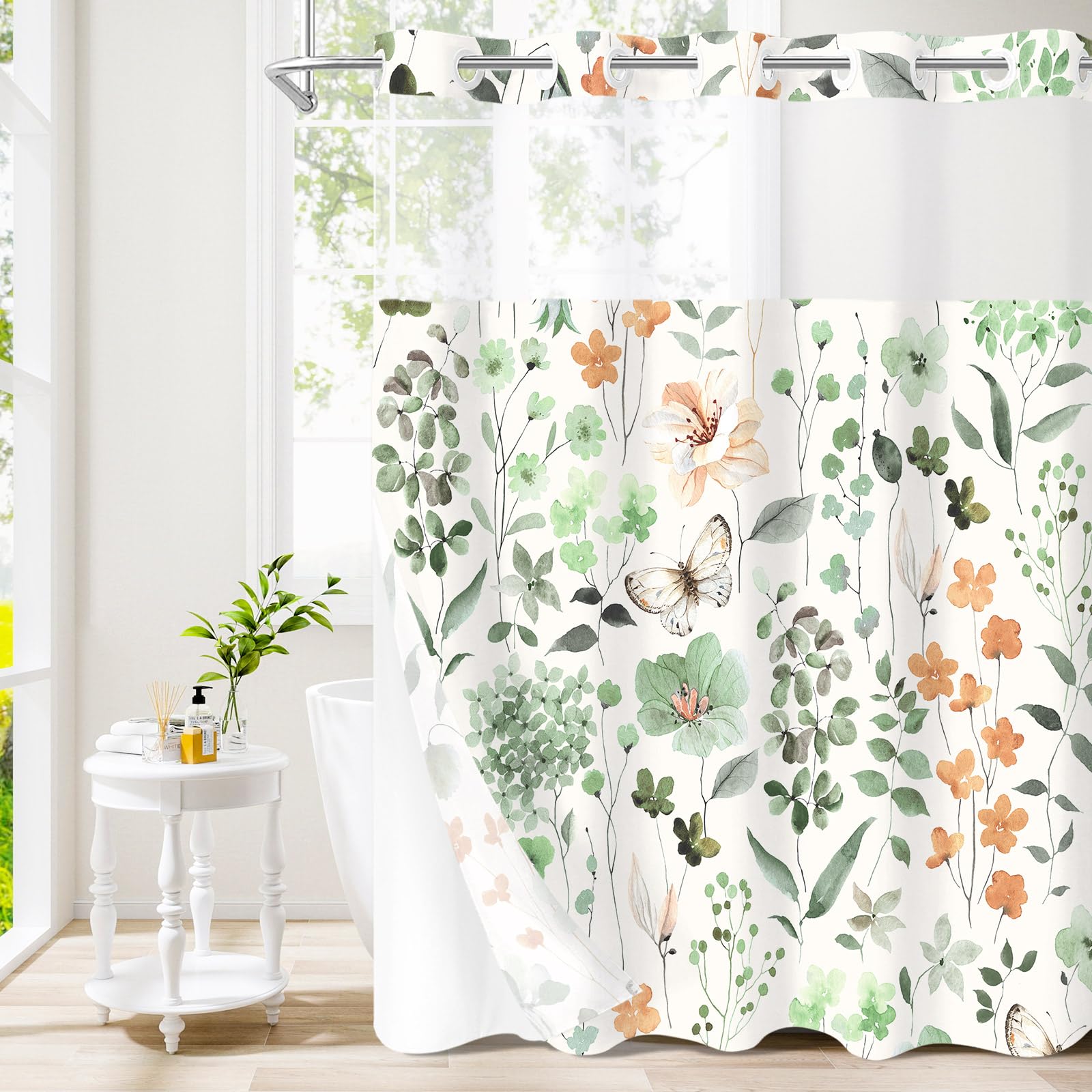 Litabel No Hook Sage Green Watercolor Floral Shower Curtain and Liner Set, Spring Flower Shower Curtains with Snap in Liner for Farmhouse Bathroom
