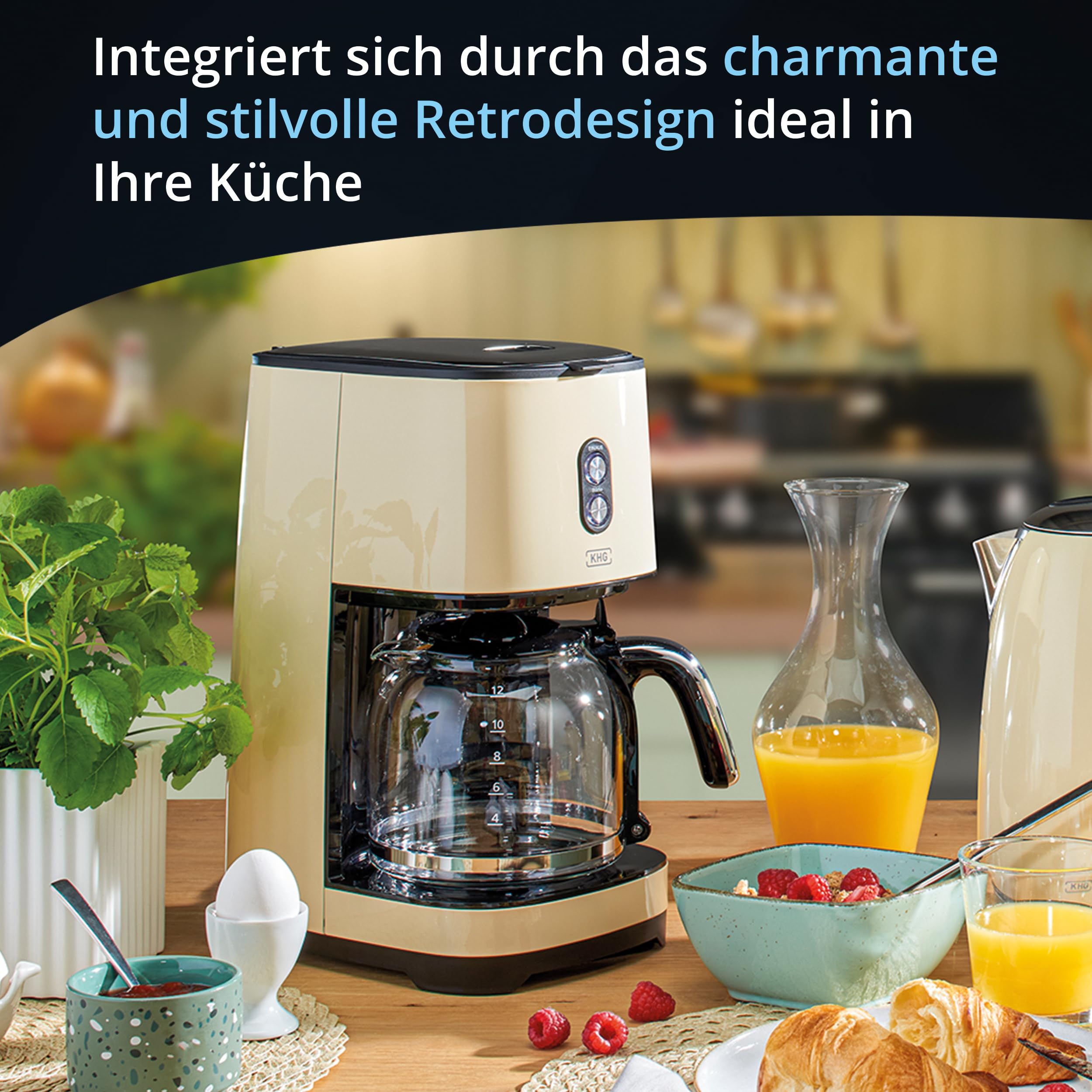 KHG Retro Filter-Kaffeemaschine KA-185 CE in creme aus Edelstahl/Kunststoff, Kapazität für 12 Tassen, 1,5 Liter Glaskanne mit Wasserstandsanzeige, Permanentfilter, Tropfstopp