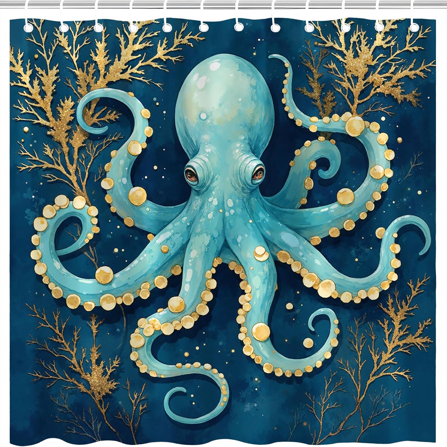 Vintage Octopus Shower Curtain Navy Blue Golden Nautical