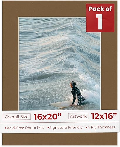 Matboard precortado de 16 x 20 pulgadas para fotos de 12 x 16 pulgadas, color marrón roble envejecido sin ácidos, con tablero de respaldo y bolsa