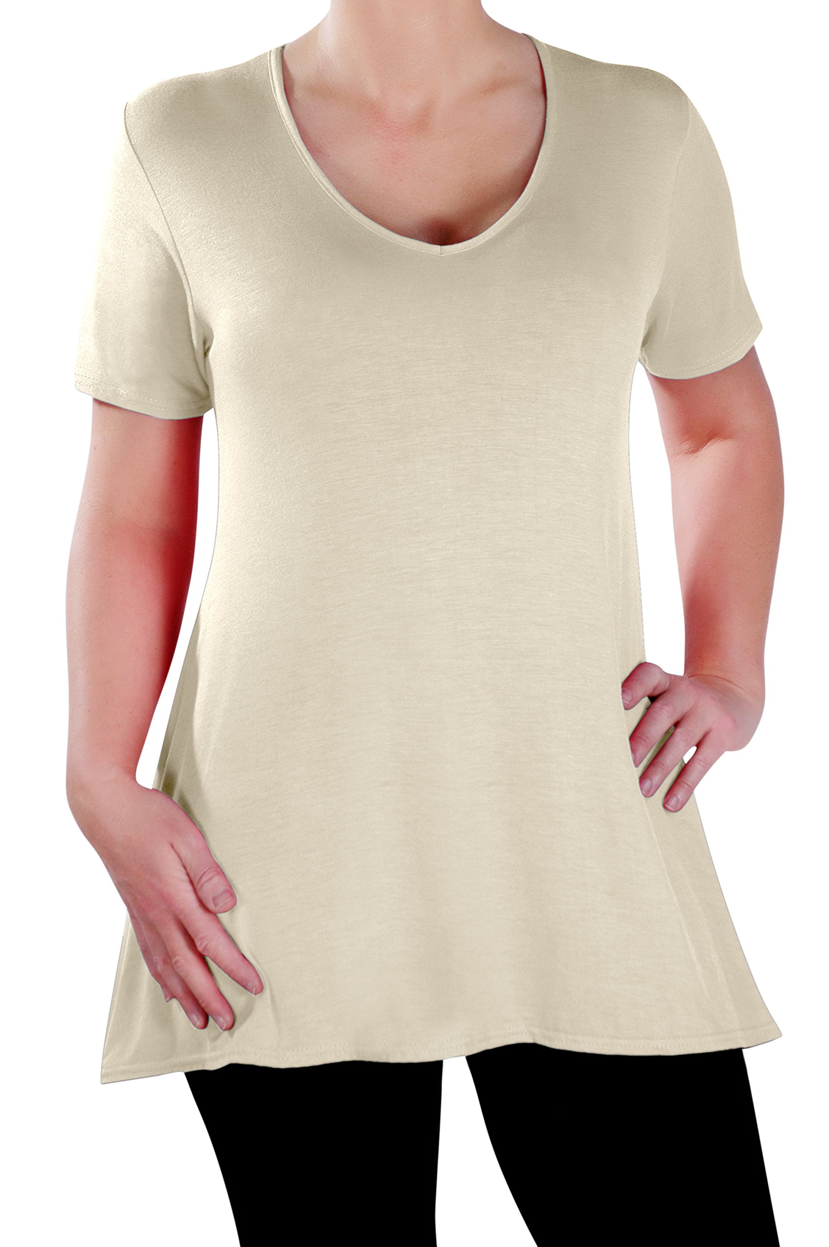 Eye Catch Women's Cream - Delphine V Neck Plus Size Top Short Sleeve Casual Long Flared T Shirt Tunic Tops Size 20