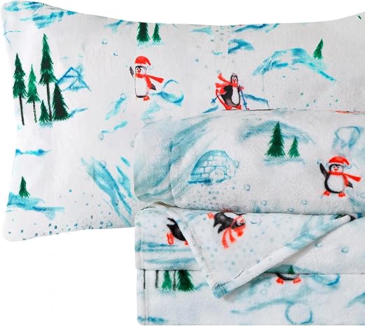 Elegant Comfort Luxuriously Soft 4-Piece Holiday Velvet Plush Flannel Sheet Set - Premium Quality - Cozy Warm, Christmas Fuzzy Velvet Flannel Fleece Deep Pocket Sheet Set - Queen, Skiing Penguins