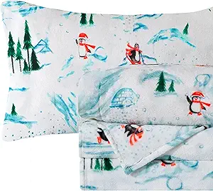 Elegant Comfort Luxuriously Soft 4-Piece Holiday Velvet Plush Flannel Sheet Set - Premium Quality - Cozy Warm, Christmas Fuzzy Velvet Flannel Fleece Deep Pocket Sheet Set - Full, Skiing Penguins