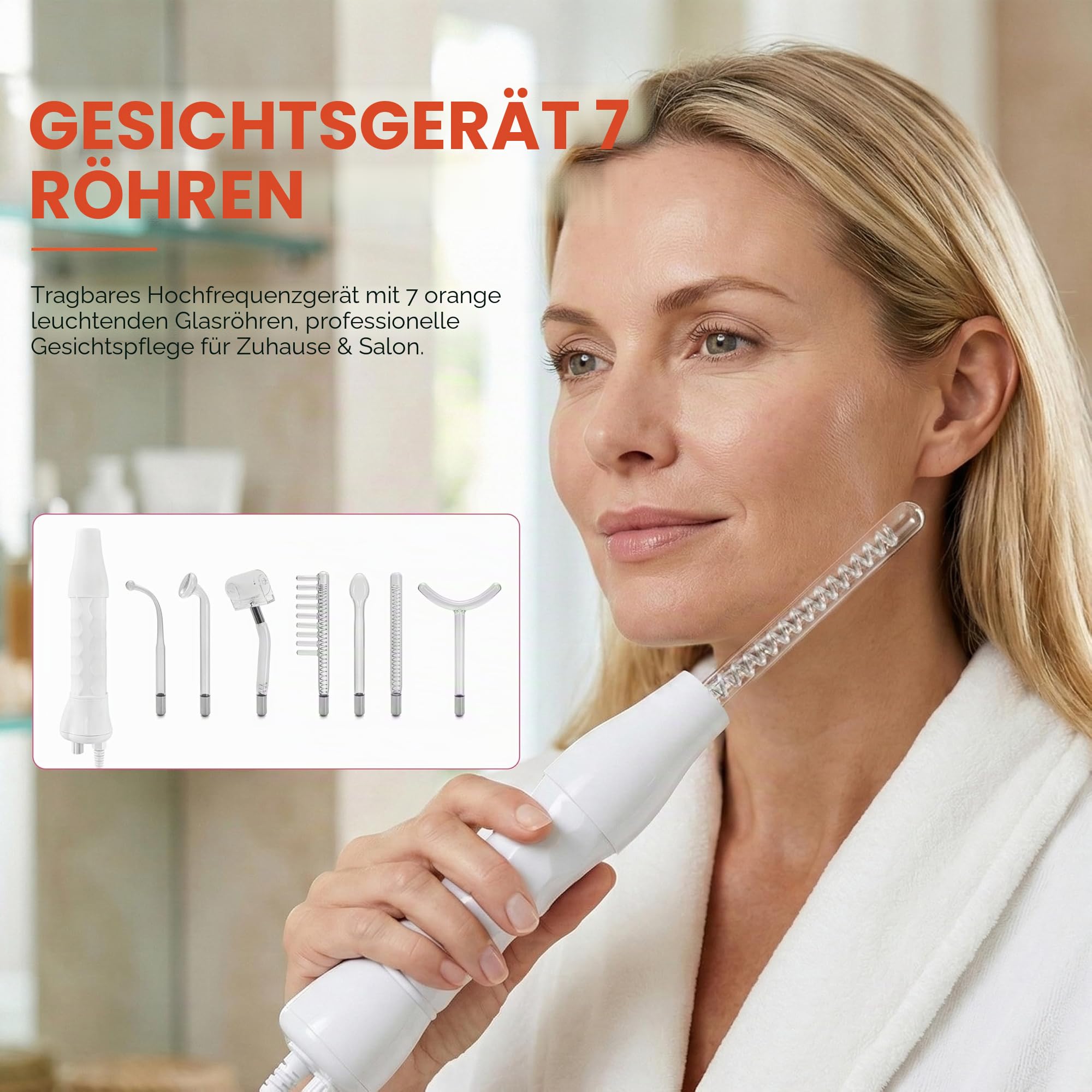 Elitzia Hochfrequenz-Elektrotherapie-Stab Multifunktionaler tragbarer Handlicht-Therapie-Stab für Akne-Haut-Verjüngung Haar-Wachstum-Gesichtsgerät (mit 7 Röhren Orange) ETSC640