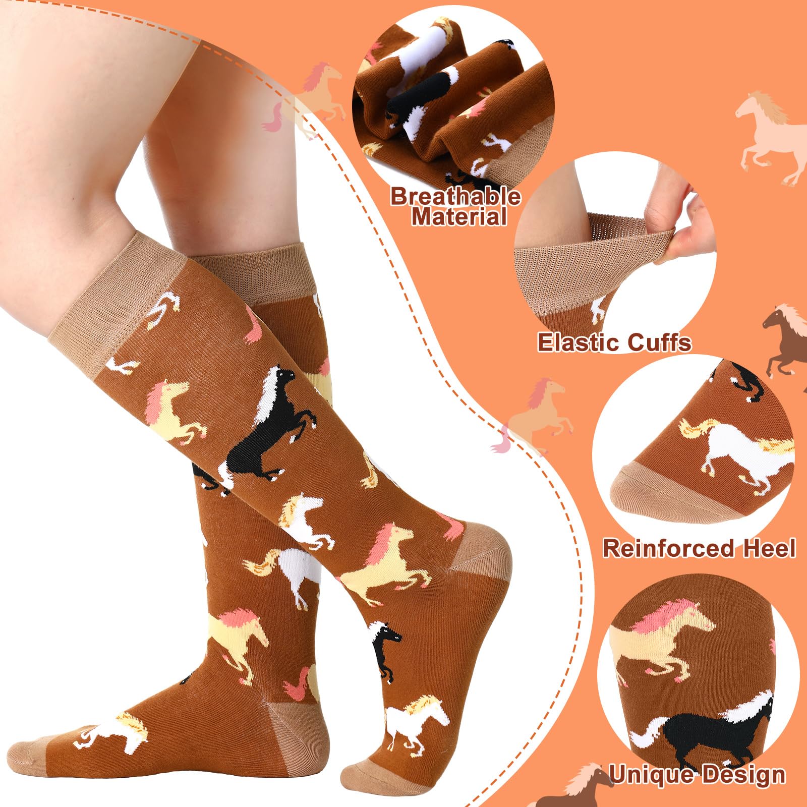 Sintege 5 Paia di Calzini da Equitazione da Donna Calzini Lunghi da Equitazione Calze Lunghe Colorate con Motivo Animalier Regalo Divertente per Cavalieri