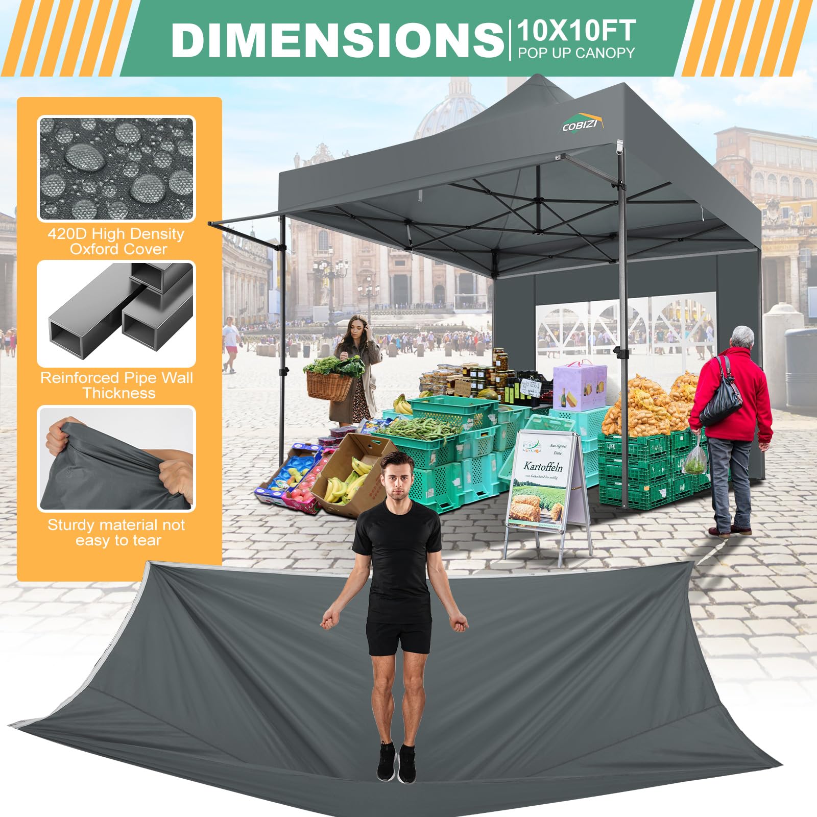 COBIZI - Tienda con Dosel Pop-up de 3 x 3 m con toldo y Paredes Laterales, Carpas comerciales de 3 x 3 m, Impermeable instantánea, Parasol UPF 50+, para Exteriores, Fiestas, mercados (Gris)