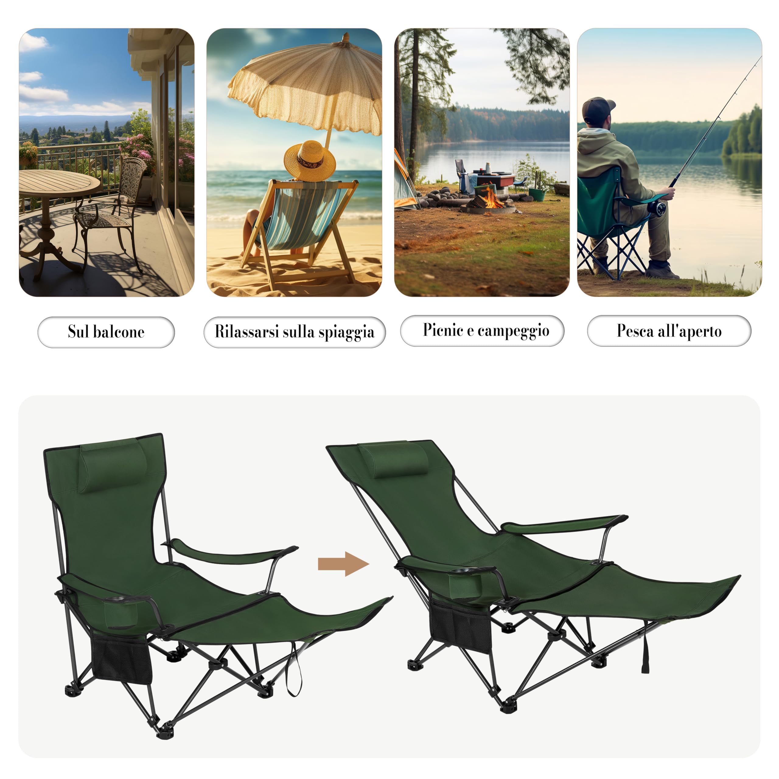 WOLTU Set di 2 Sedia da Campeggio Portatile Reclinabile, Sedia Pieghevole Esterno con Poggiapiedi, Poggiatesta e Borsa da Trasporto, per Pesca, Giardino, Verde