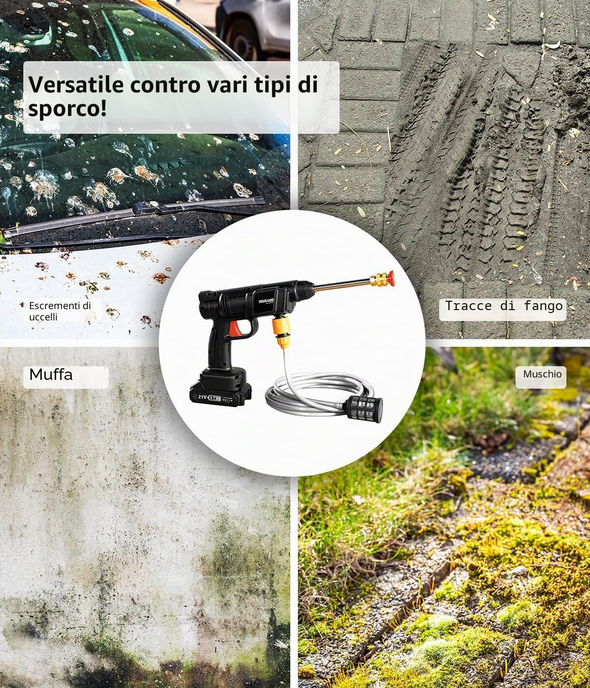 Genius Pressure Cleaner 12-TLG., idropulitrice a pressione professionale, pistola per lavaggio auto con batteria e tubo dell'acqua 5 m, pulitore a pressione mobile per terrazza, giardino