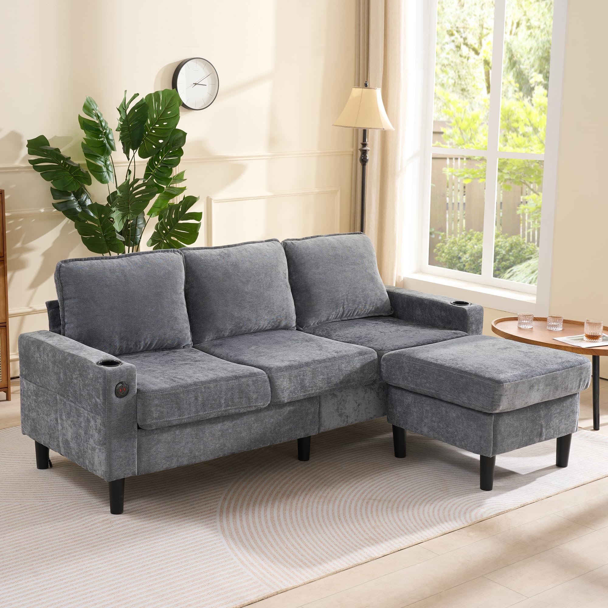 Merax Ecksofa 3-Sitzer Sofa mit Polsterhocker, Gepolstertes Sofa mit USB & Typ-C, 2 Getränkehaltern, L-förmiges Schlafsofa, Polstermöbel für Wohnzimmer, Wohnung, Lounge und Schlafzimmer, Grau