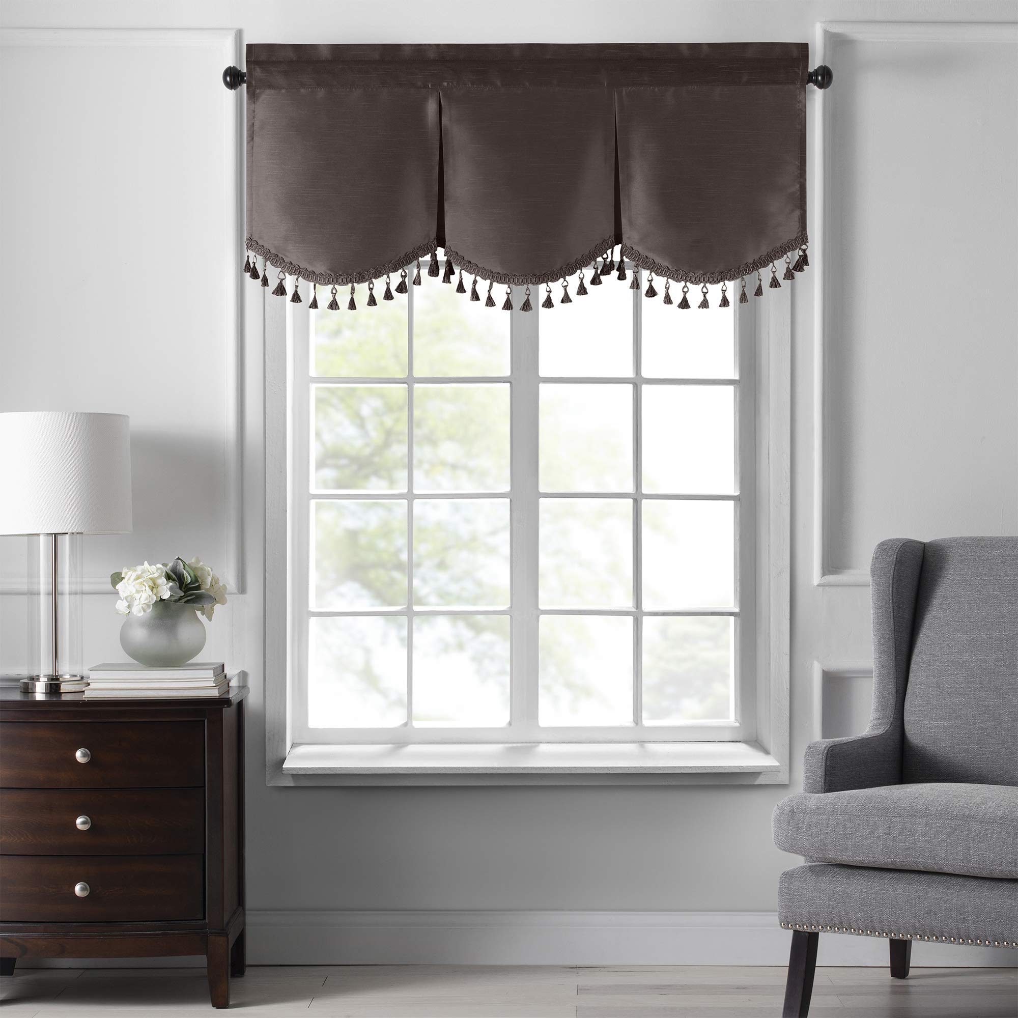 Elrene Home Fashions Colette Faux Silk Scallop Window, 48 in x 21 in (Tassel Valance), Chocolate