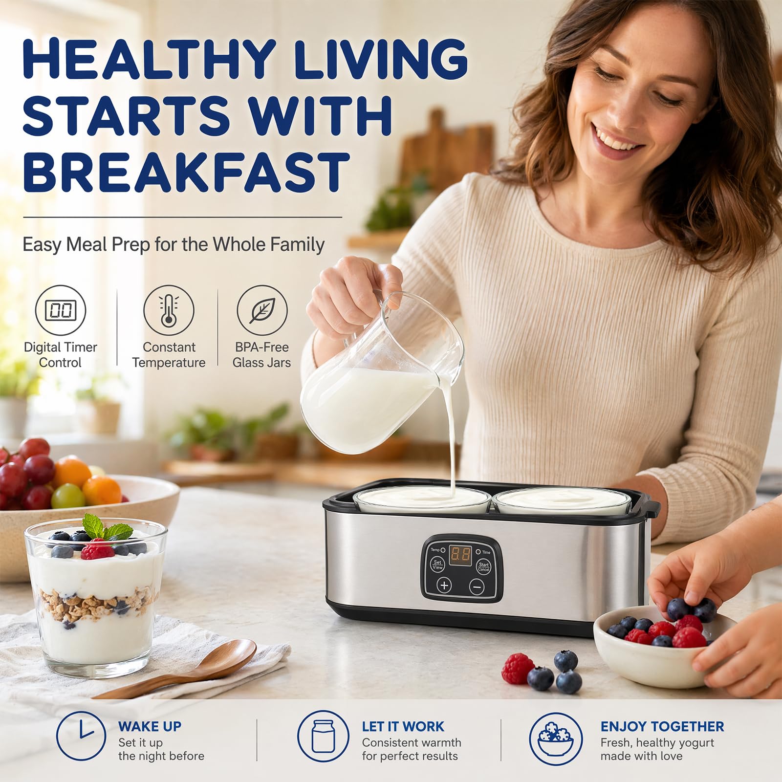 Yaourtière automatique de 2 l, température réglable et minuterie, yaourtière électrique avec affichage LED et 2 verres, pour la préparation de yaourts bio, produits laitiers, fromage, Natto
