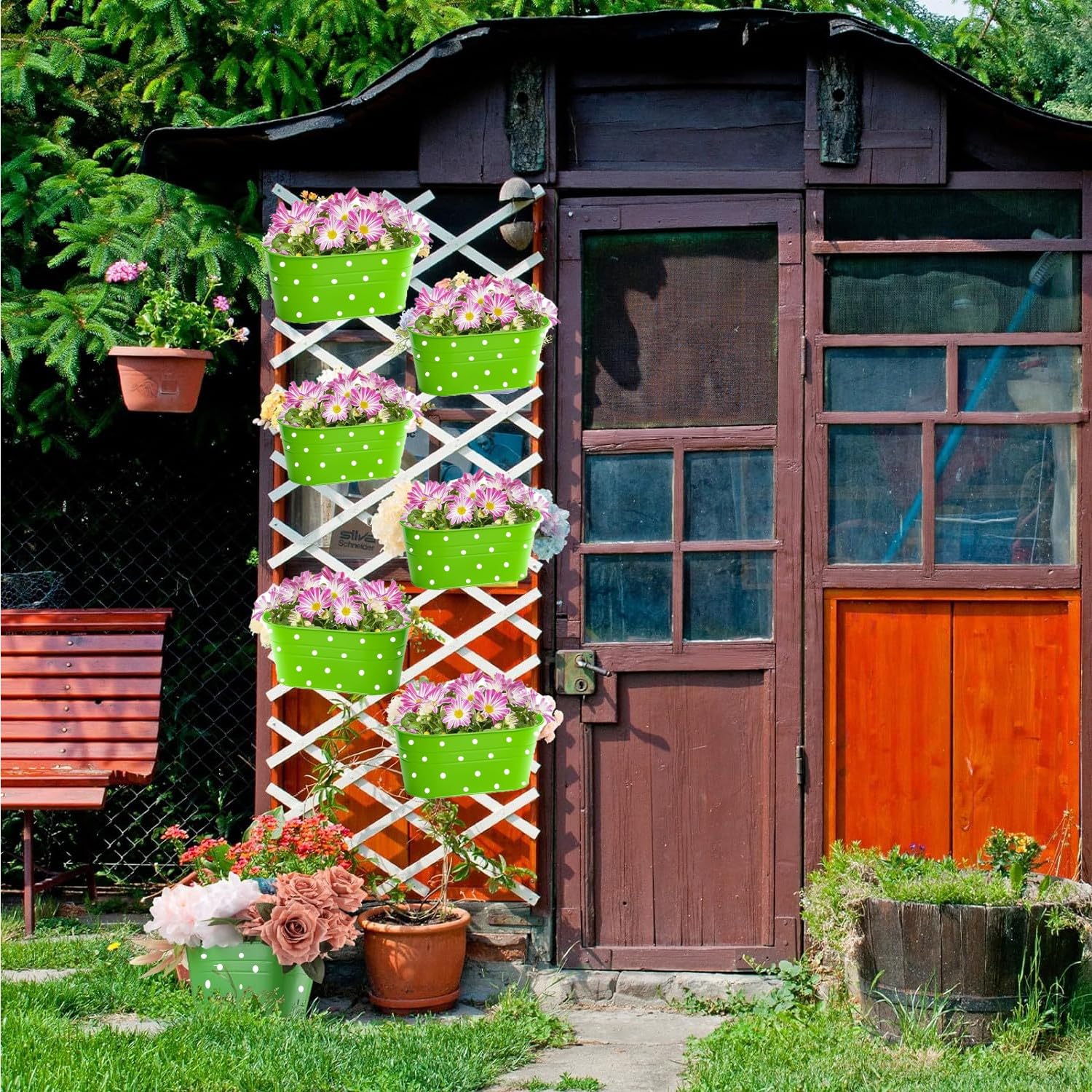 4 fioriere da appendere con ringhiera in metallo con foro di drenaggio, secchio da appendere per piante, con doppi ganci rimovibili, fioriera ovale per giardino, balcone, decorazione (verde)