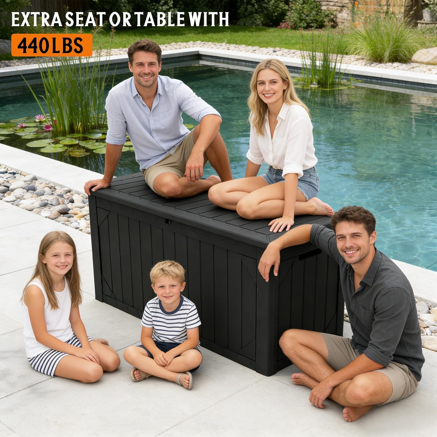 FEFLO 100 Gallon Resin Outdoor Storage Box - Large Weatherproof Lockable Deck Box with Hydraulic Lid & IP65 Rating for Garage, Patio Furniture, Garden Tools & Pool Supplies (Black)