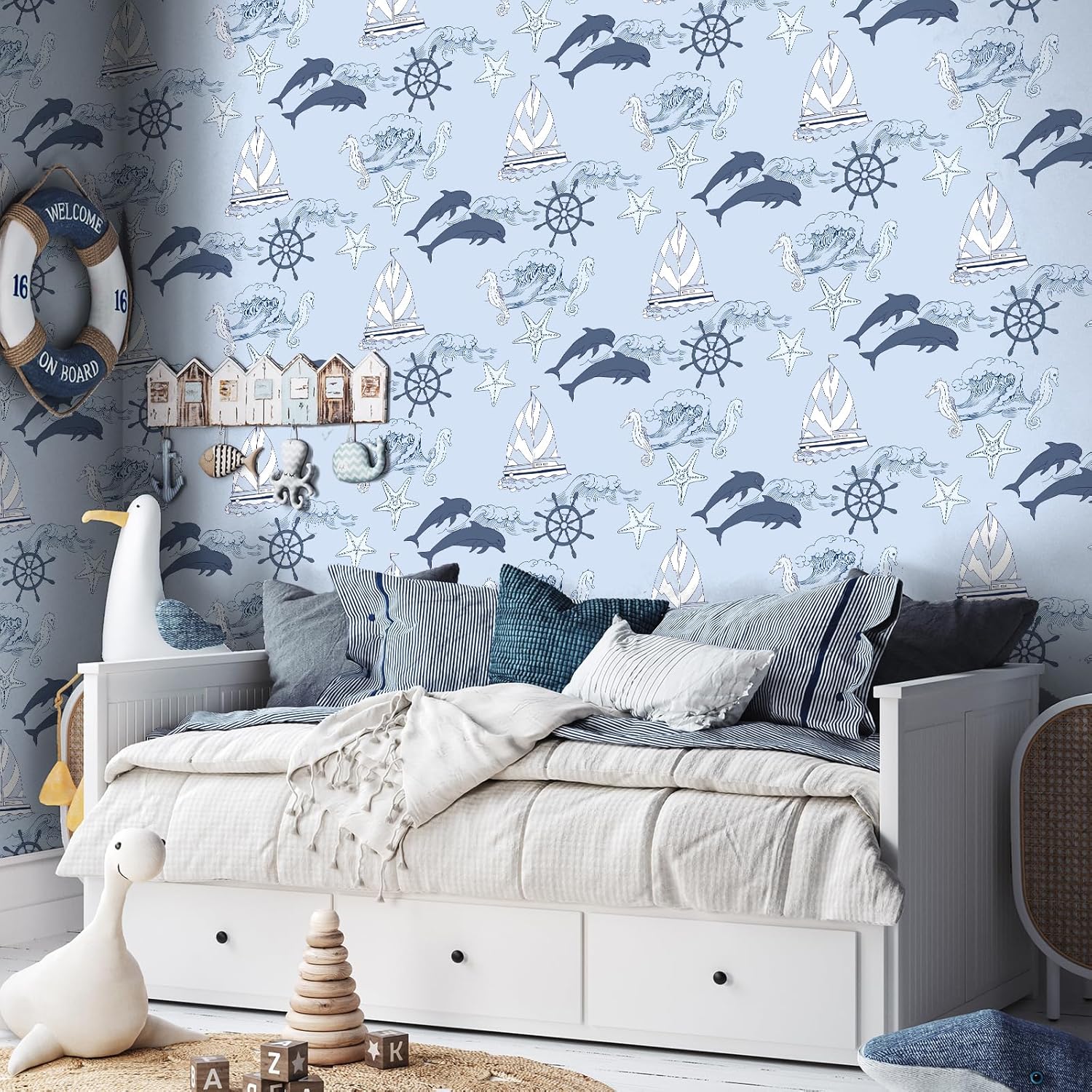 VaryStyle Blue Ocean Wallpaper Nursery Baby Blue Nautical Peel and Stick Wallpaper Coastal Blue Contact Paper for Cabinets Drawers Removable Adhesive Wallpaper for Kids Room Bedroom Walls 17.7"x118"