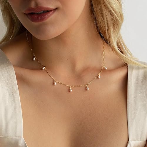 Miniatura 4 de Ieftop Collares de perlas para mujer, chapado en oro de 14 quilates, hecho a mano, delicado collar de cadena de perlas de agua dulce, collar con