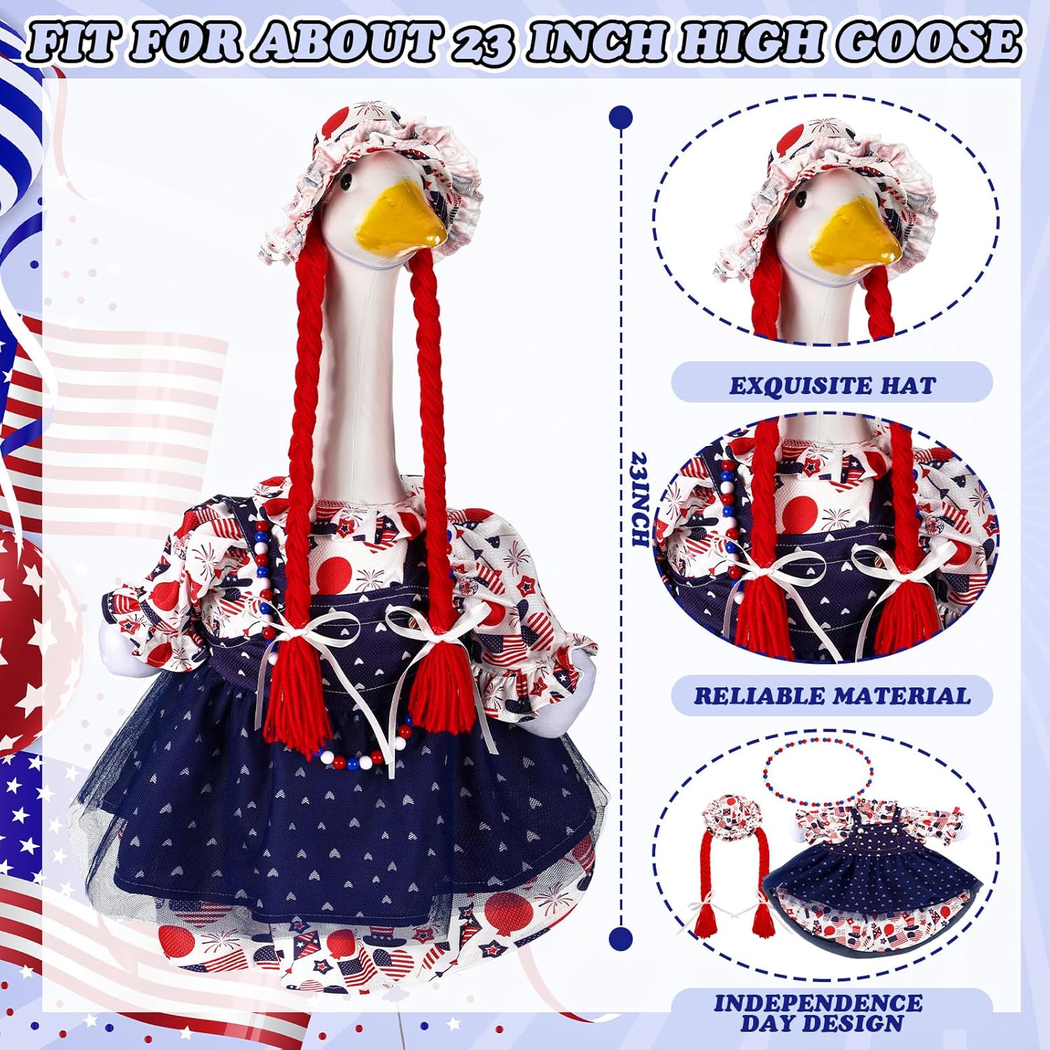 Suzile 4th of July Patriotic Goose Outfit Independence Day Dresses Clothes for 23" High Cement or Plastic Porch Goose Costume for Yard Lawn Outdoor Garden Patio Statue American Flag Holiday Decor