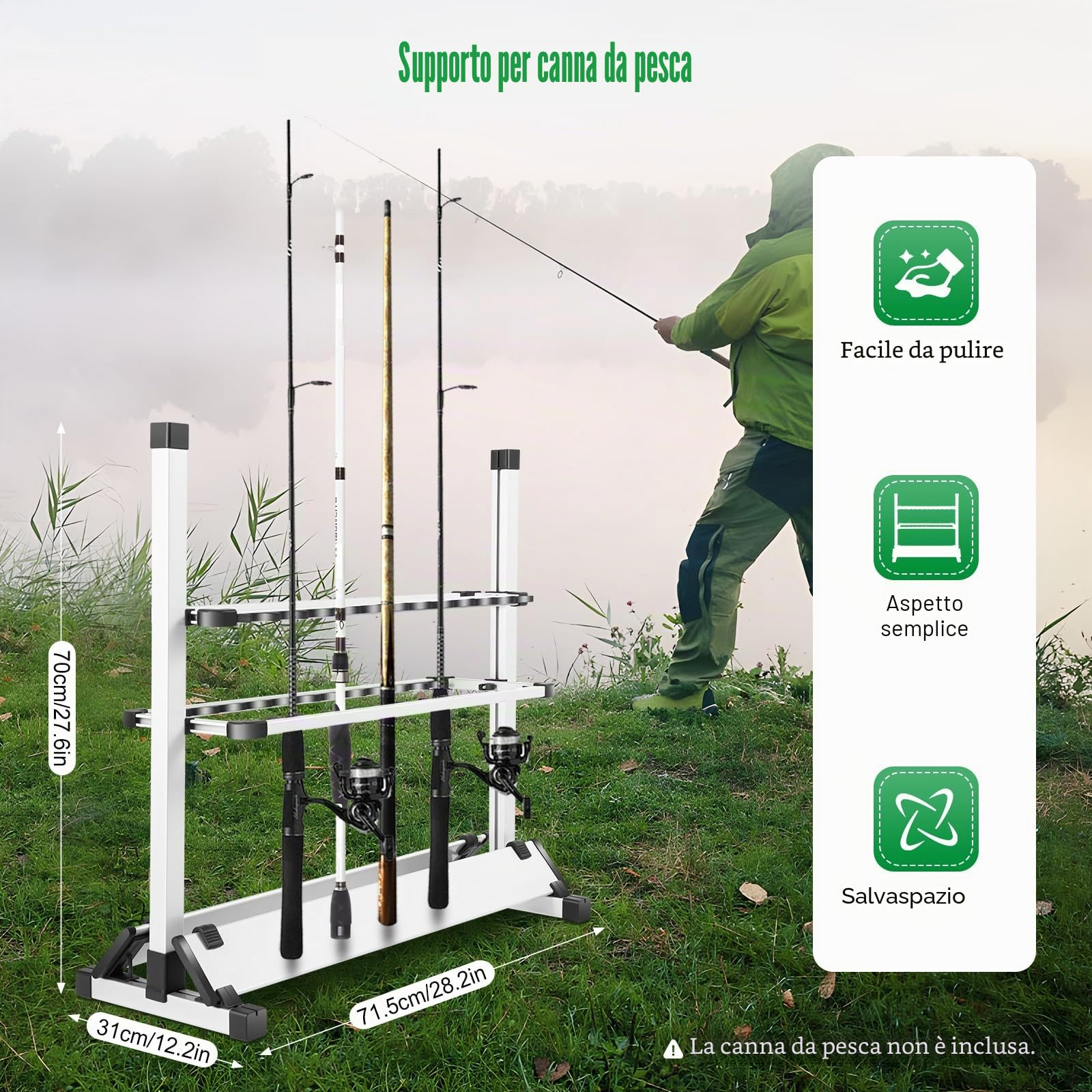 Portacanne da Pesca per 24 Canna, Supporto Regolabile in Alluminio Leggero 73x32x72 cm, Rack Portatile per Canna Spinning e Attrezzatura da Pesca, per Garage, Barca e Casa (Argento)