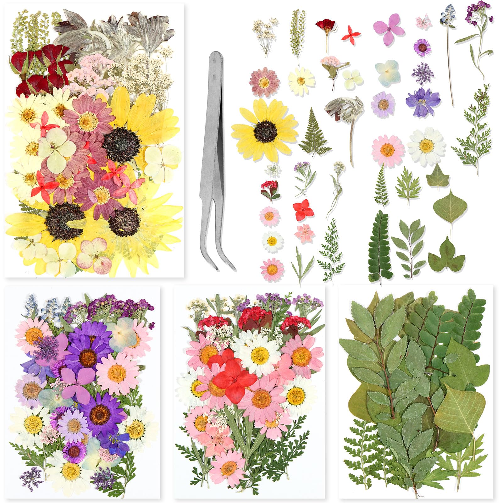 152 Pcs Dried Pressed Flowers for Resin Crafts, Real Natural Pressed Flowers and Dry Leaves Bulk Set with Tweezers for Scrapbooking, Card Making, Candle Crafting, Jewelry Making, DIY Art Projects