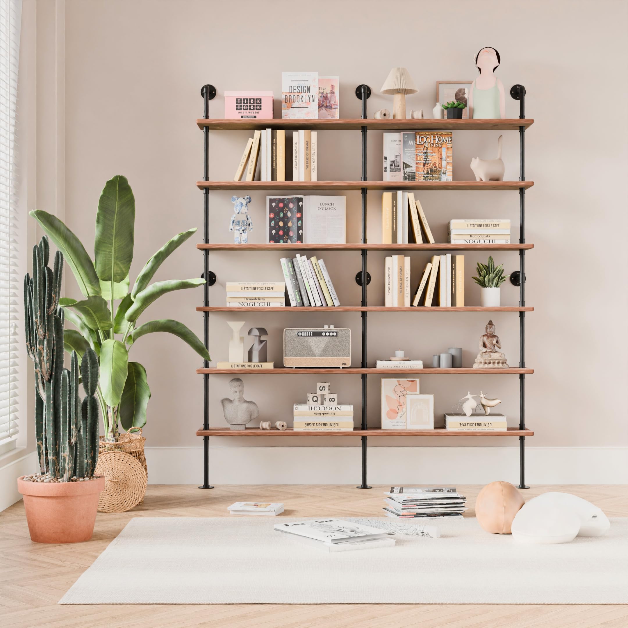 Anynice Industrial Ladder Shelf Bookcase, Wall Mounted Rustic Bookshelf, Retro Wood Metal Pipe Industrial Shelves for Living Room(Weathered Brown, 6