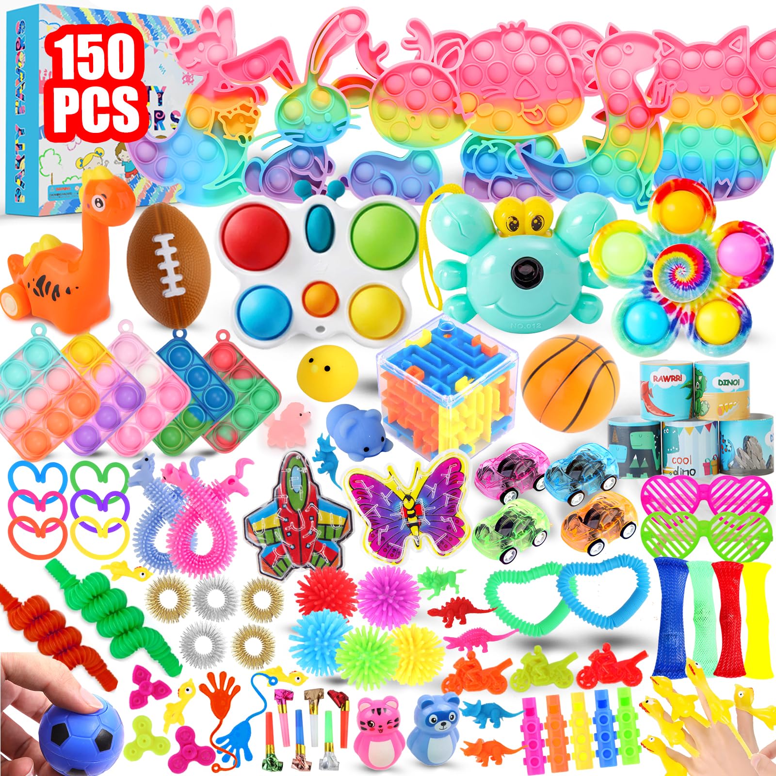 150Pcs Fidget Toys Pack, Bulk Party Favors for Kids, Stocking Stuffers, Treasure Box Chest, Birthday Party, Classroom Carnival Prizes, Pinata Stuffers, Goodie Bag Stuffers, Stress Relief, Sensory Toy