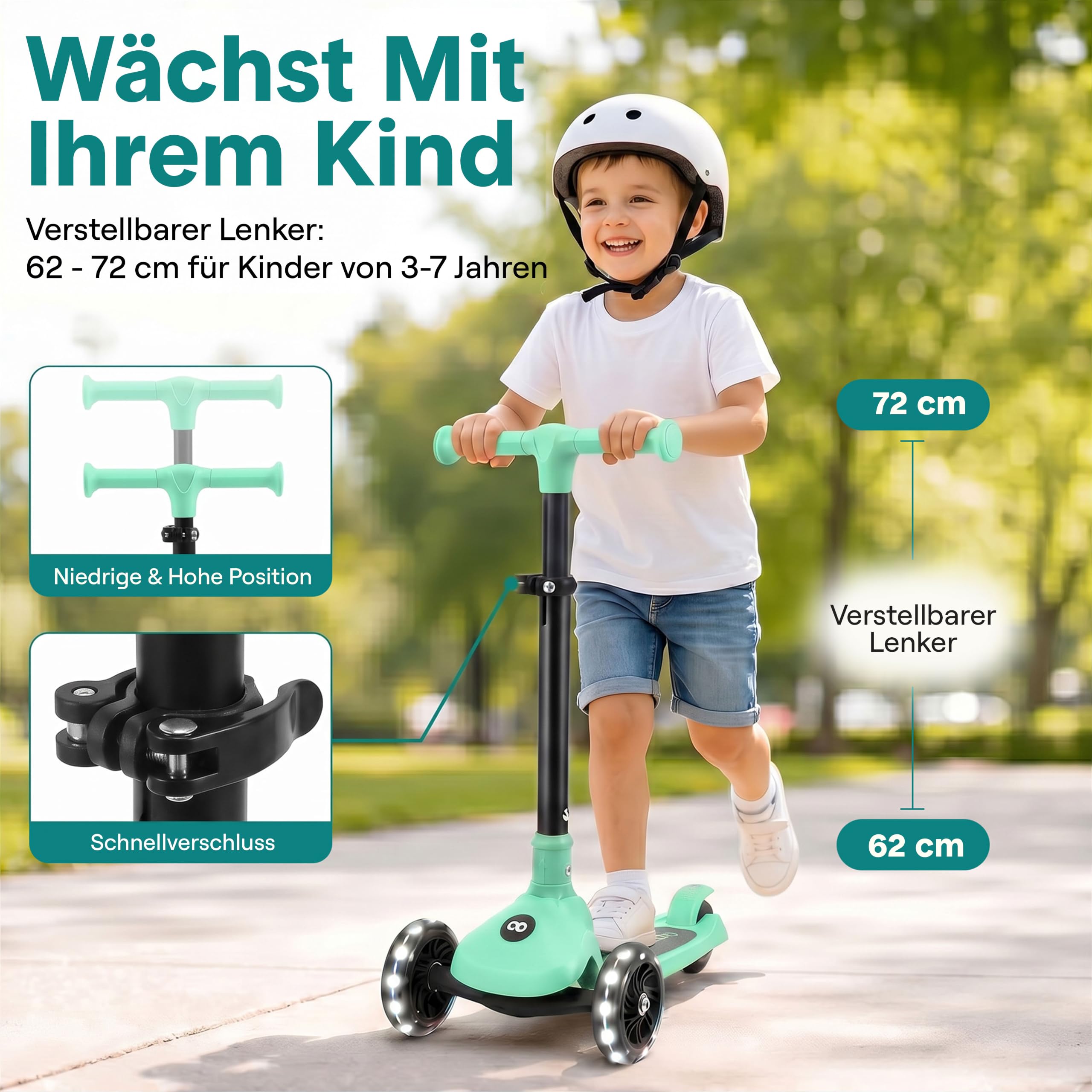 SereneLife Kinderroller ab 3 Jahre – LED Tretroller faltbar höhenverstellbar, leicht und stabil, für Jungen und Mädchen, Indoor und Outdoor, bis 50 kg