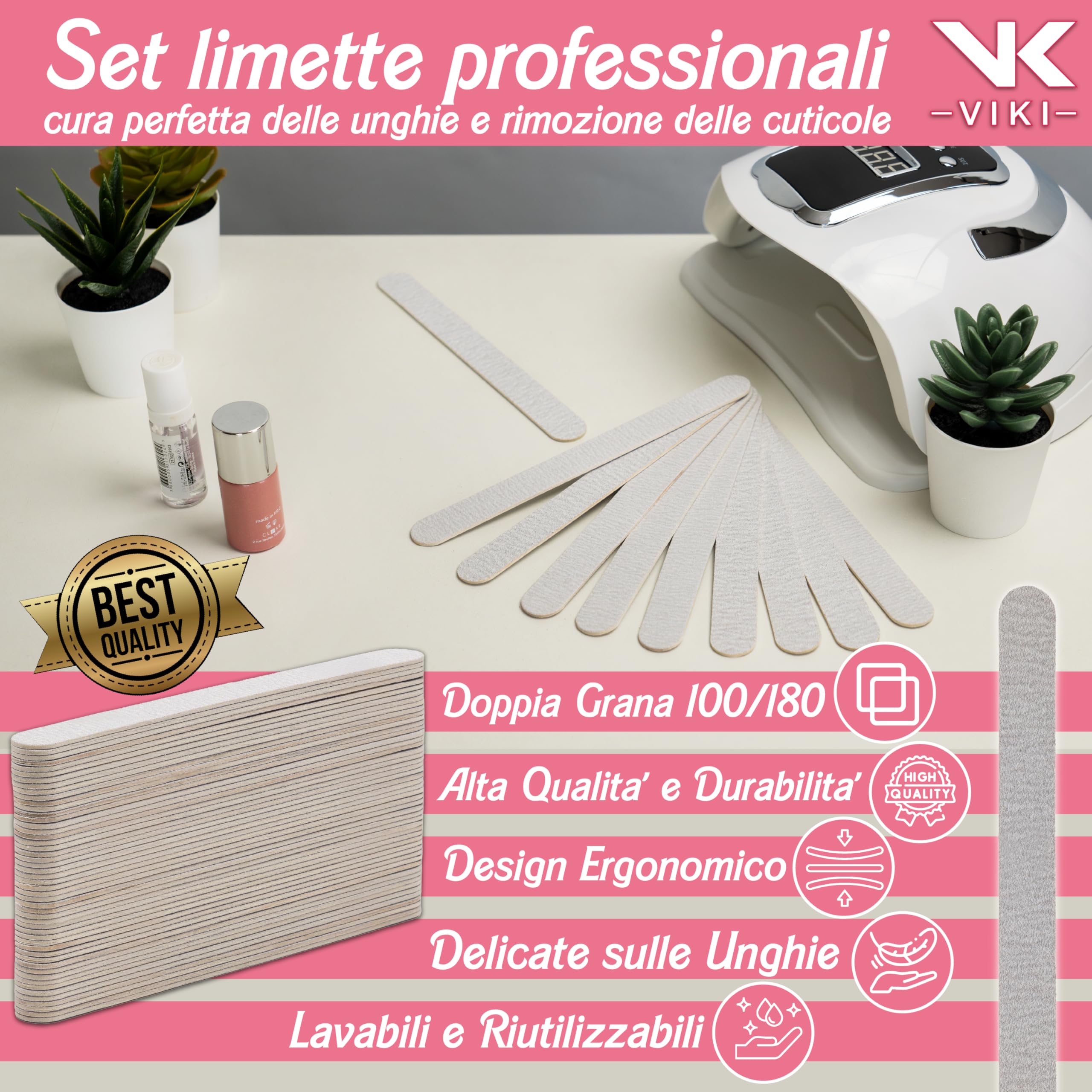 VIKI Set 100 Lima Unghie Professionale 100/180 Doppia Grana, Lime Unghie per Manicure e Pedicure, Unghie Naturali, Gel, Acrilico e Semipermanente, Lime Delicate e Resistenti ideale per centri estetici