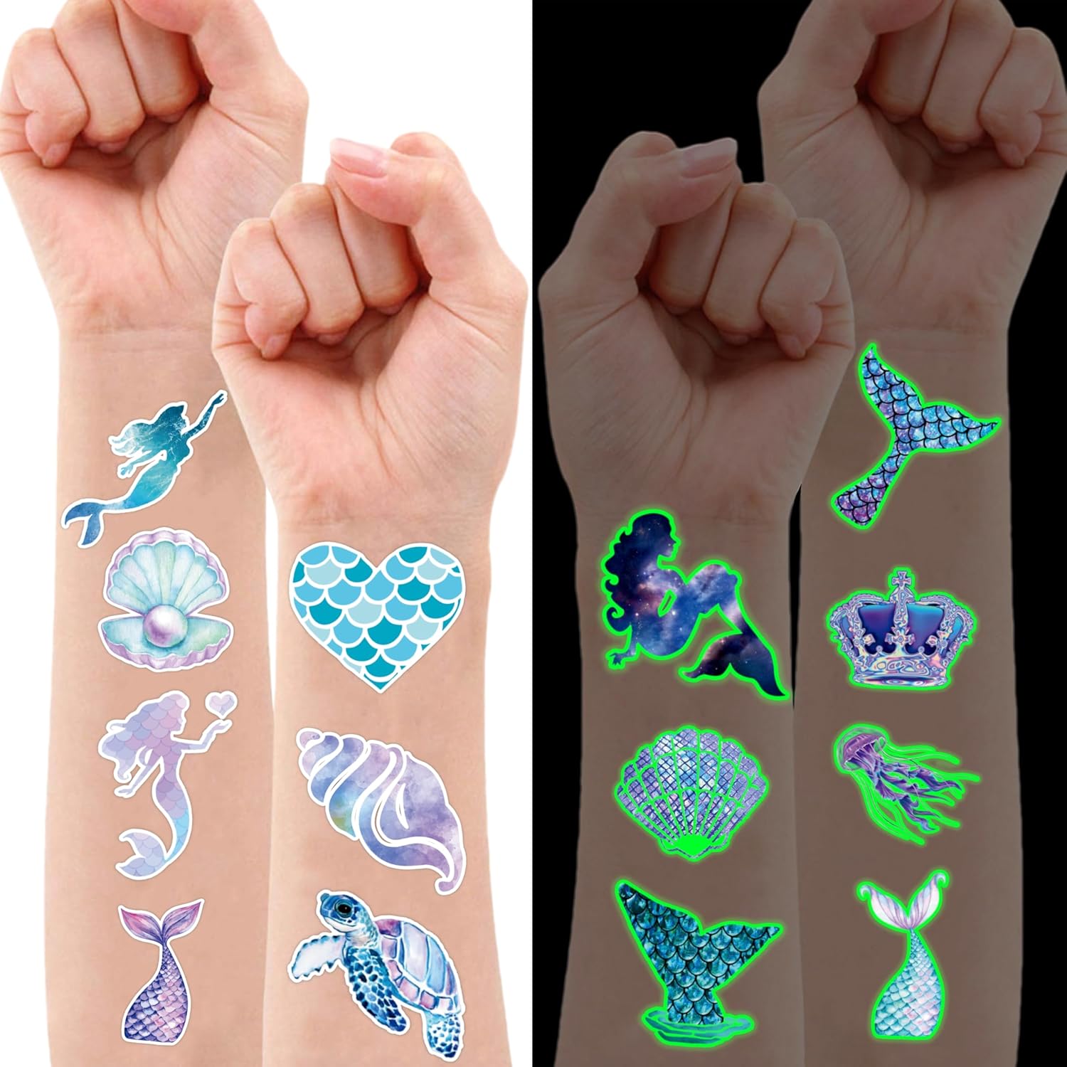 96PCS Mermaid Pre-Cut Temporary Tattoos for Kids – Cute Under the Sea Party Favors, Perfect for Ocean Mermaid-Themed Birthdays, School Rewards, and Baby Showers (Glow in the Dark)