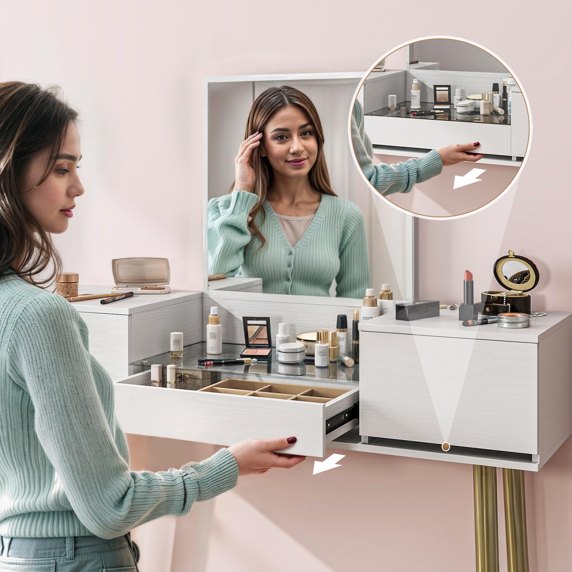 HOMCOM Tocador de Maquillaje con Espejo Tocador con Encimera de Vidrio Templado Visible 3 Cajones Mesa de Maquillaje Moderna para Dormitorio Blanco