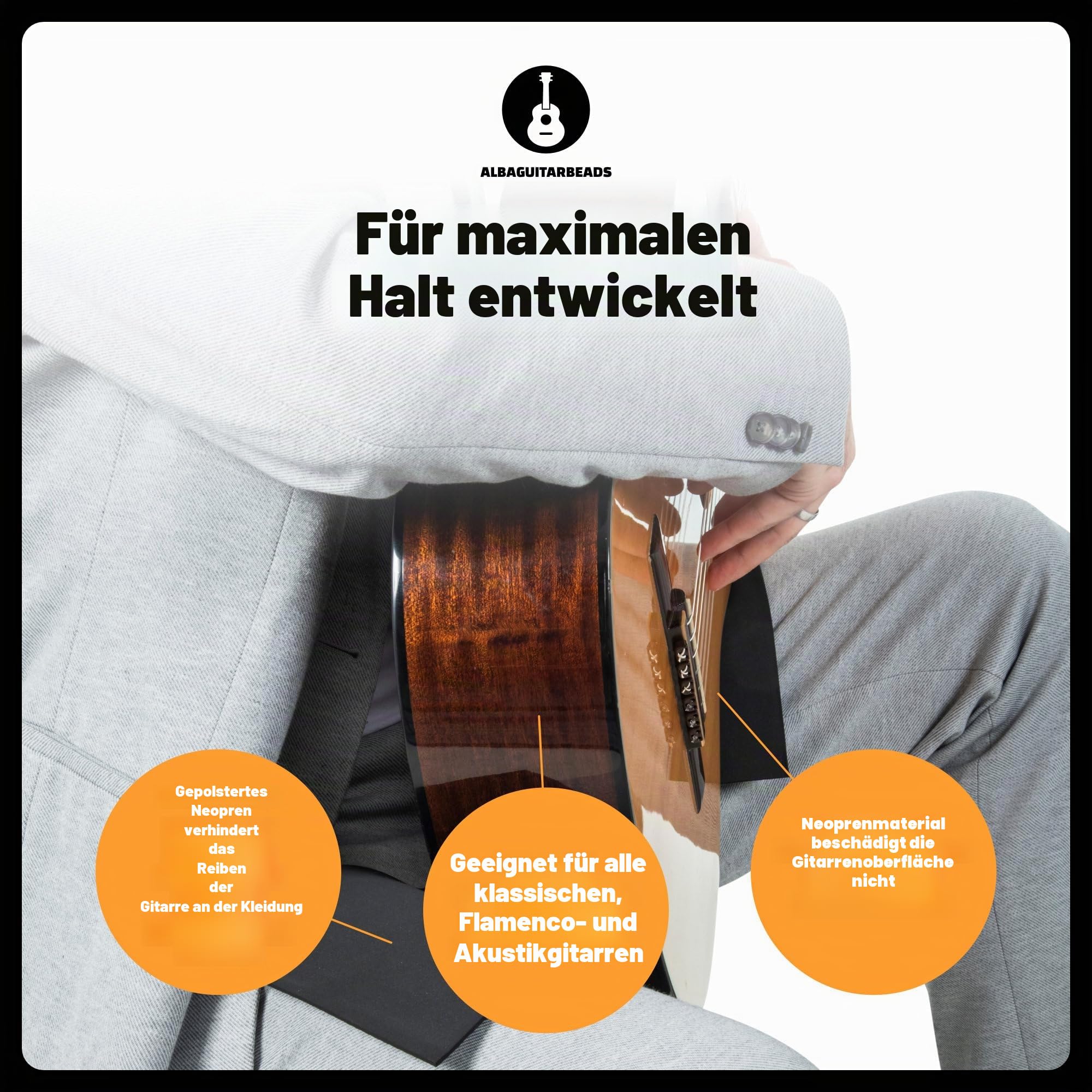 Alba GB rutschfester Neopren-Gurt für klassische Gitarre, Größe groß, schwarz, rutschfest für klassische Gitarristen und für Flamenco-Gitarristen