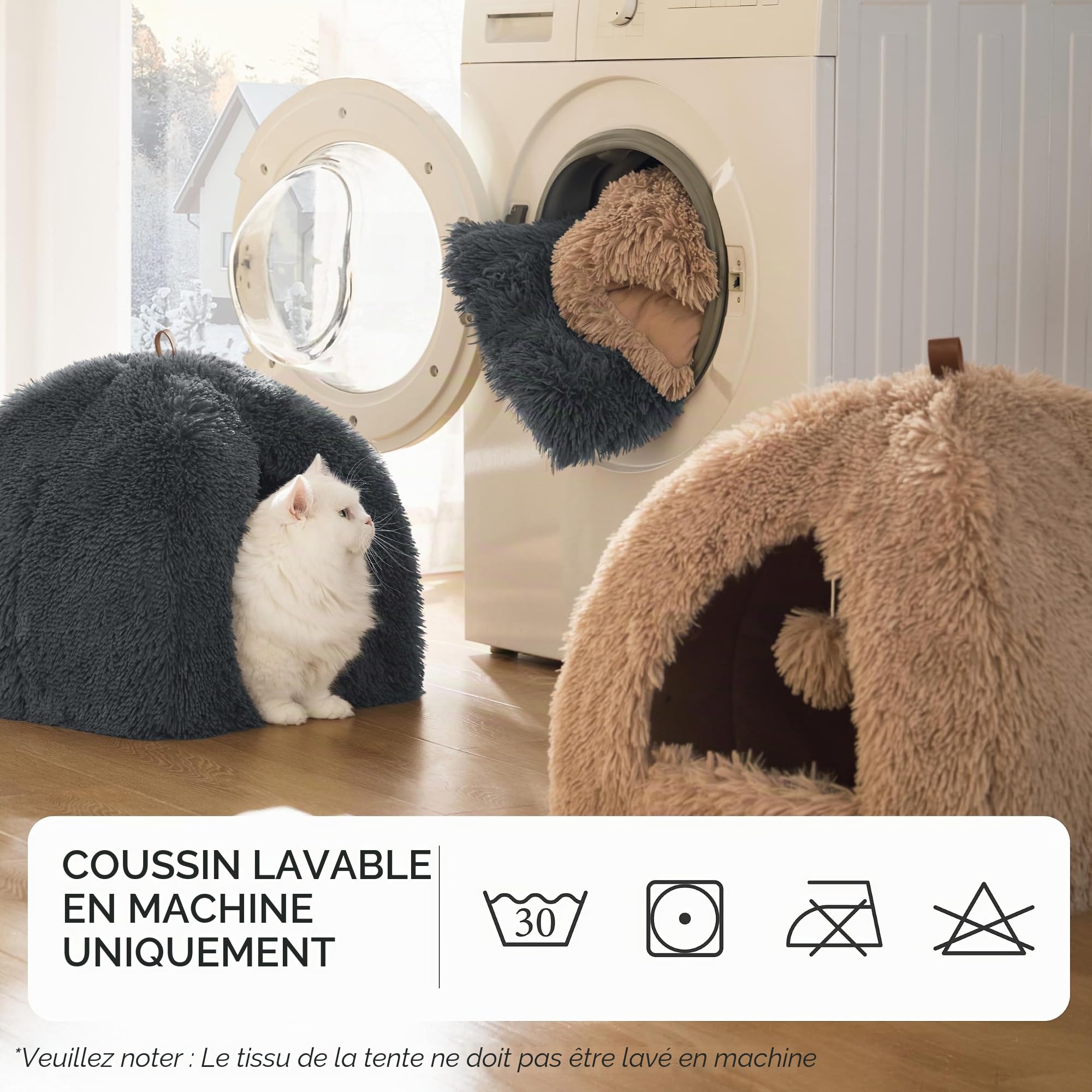 Bedsure Lit Grotte Chat Igloo - Maison Chat Moelleuse, 40x40cm | Coussin Amovible Lavable, Lit Animal Pliable Portable, Peluche Douce, Camel