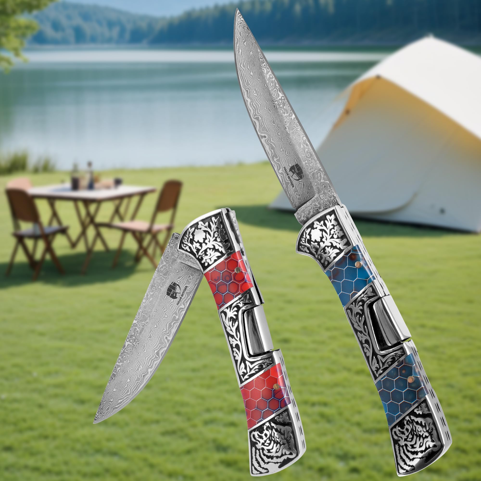 FULLHI 4“ Jagdmesser Damaszener Stahl Fluoreszierende Harz Griff Tasche Jagdmesser mit Clip und Fall Camping Wandern Survival (Blau)