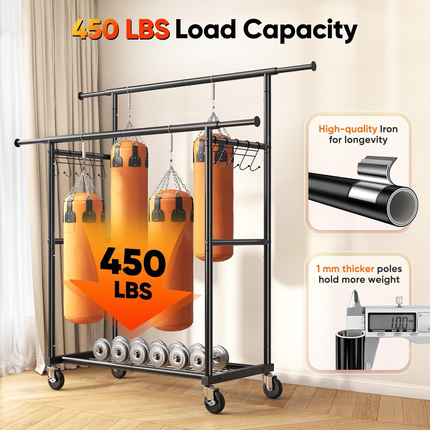 HOKEEPER Clothes Rack Heavy Duty Clothing Rack with Wheels Double Rod Garment Rack for Hanging Clothes Portable Closet Rack with Shelves, Black