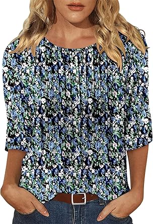 KISSMODA Tunic Tops for Women Loose Fit Dressy Round Neck Pleated 3/4 Length Sleeve Spring Tops