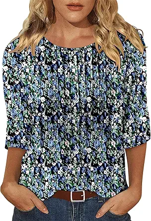 KISSMODA Tunic Tops for Women Loose Fit Dressy Round Neck Pleated 3/4 Length Sleeve Spring Tops