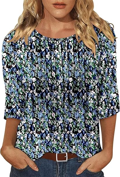 KISSMODA Tunic Tops for Women Loose Fit Dressy Round Neck Pleated 3/4 Length Sleeve Spring Tops