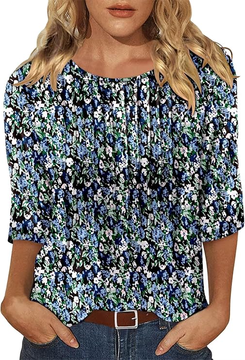 KISSMODA Tunic Tops for Women Loose Fit Dressy Round Neck Pleated 3/4 Length Sleeve Spring Tops