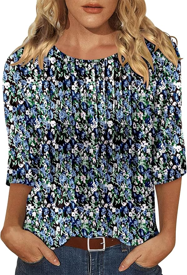 KISSMODA Tunic Tops for Women Loose Fit Dressy Round Neck Pleated 3/4 Length Sleeve Spring Tops